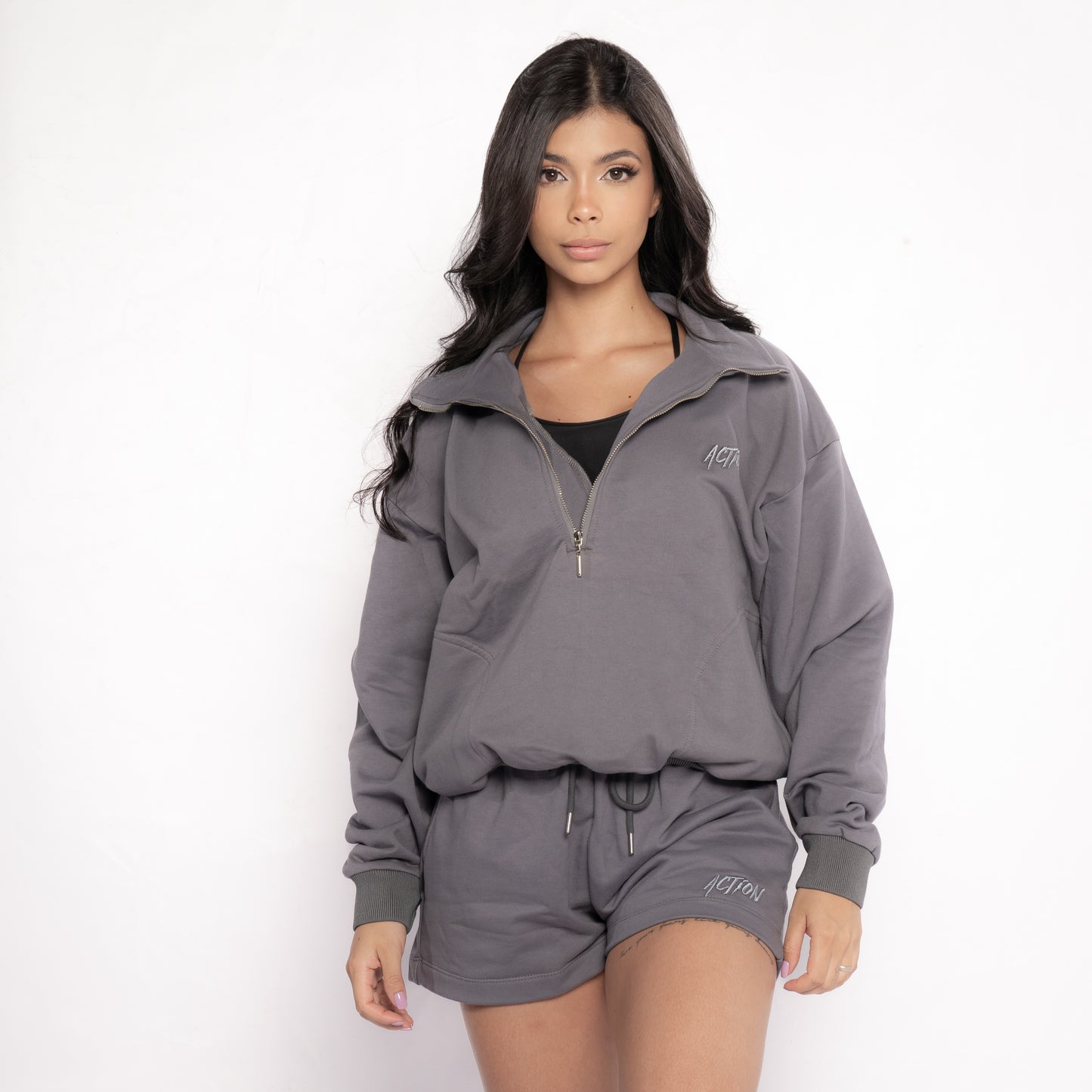 Hoodie Clasico 3/4 Gris Oscuro